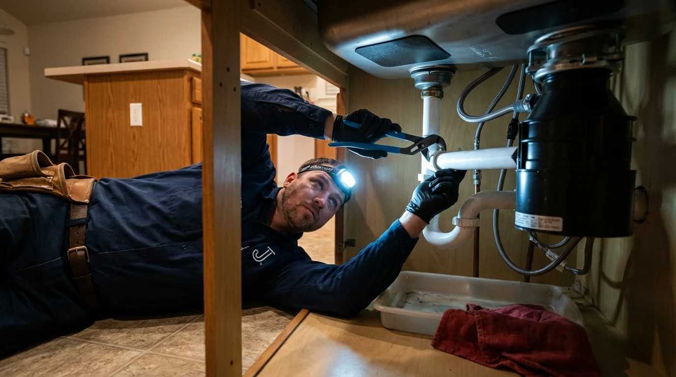 P-trap and supply line connections under a kitchen sink showing a common leak point in Ocean City, NJ